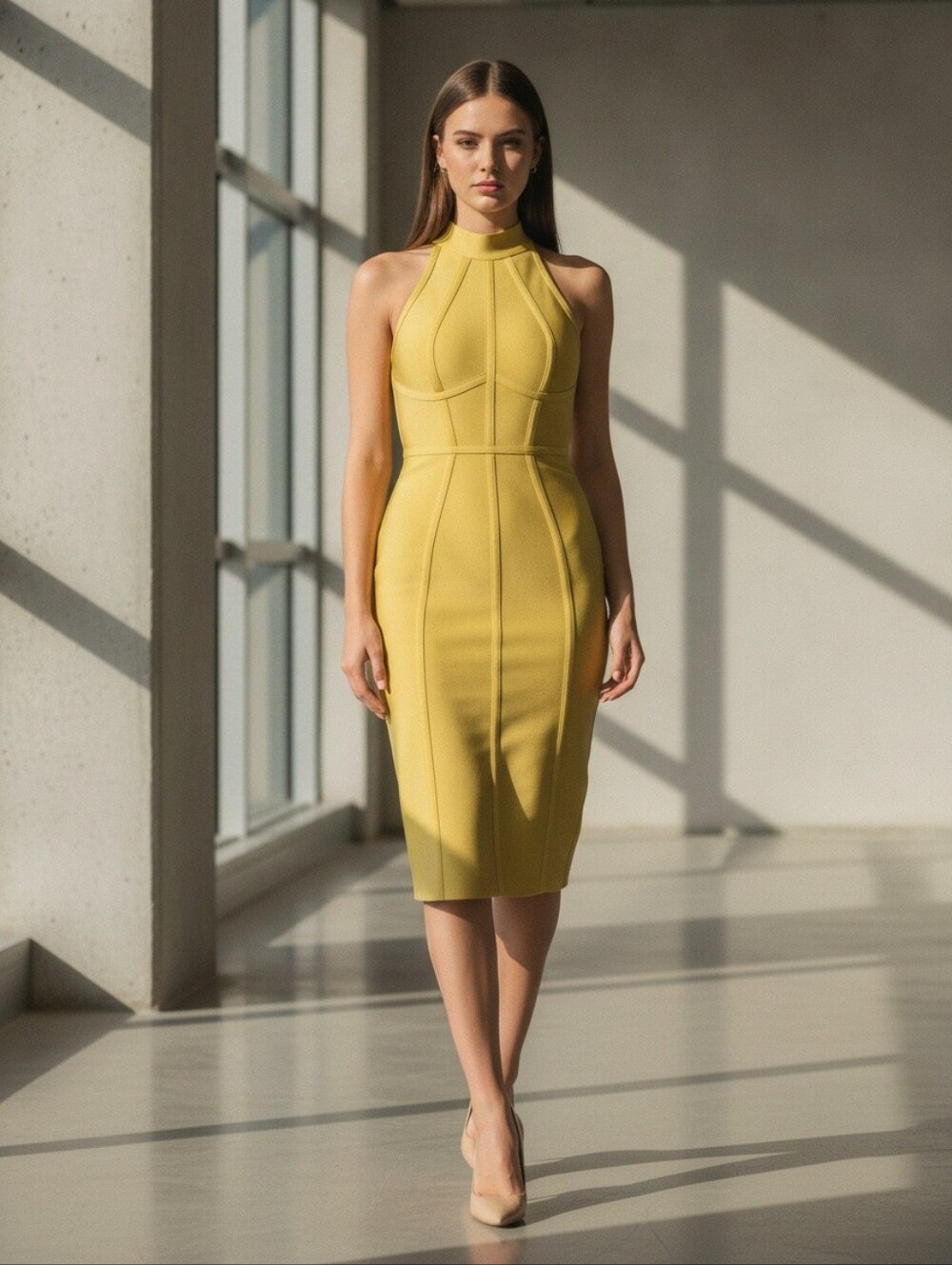 Bella Barnett Gold Bandage High Neck Midi Dress Size XL